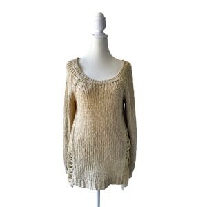 Millau Sweater Women M‎ Beige Distressed Knit Long Sleeve Boho Grunge Cotton Top